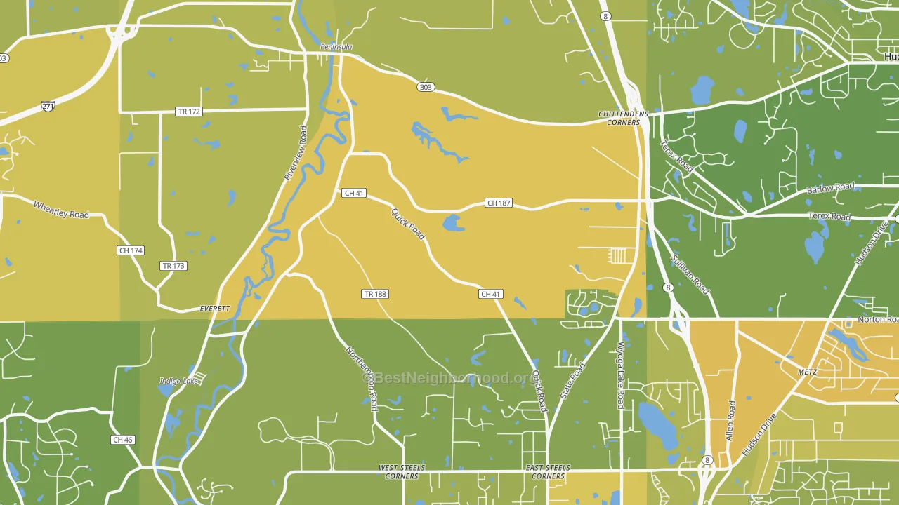Map of the best neighborhoods in the Peninsula area, with better matches in green and worse matches in red