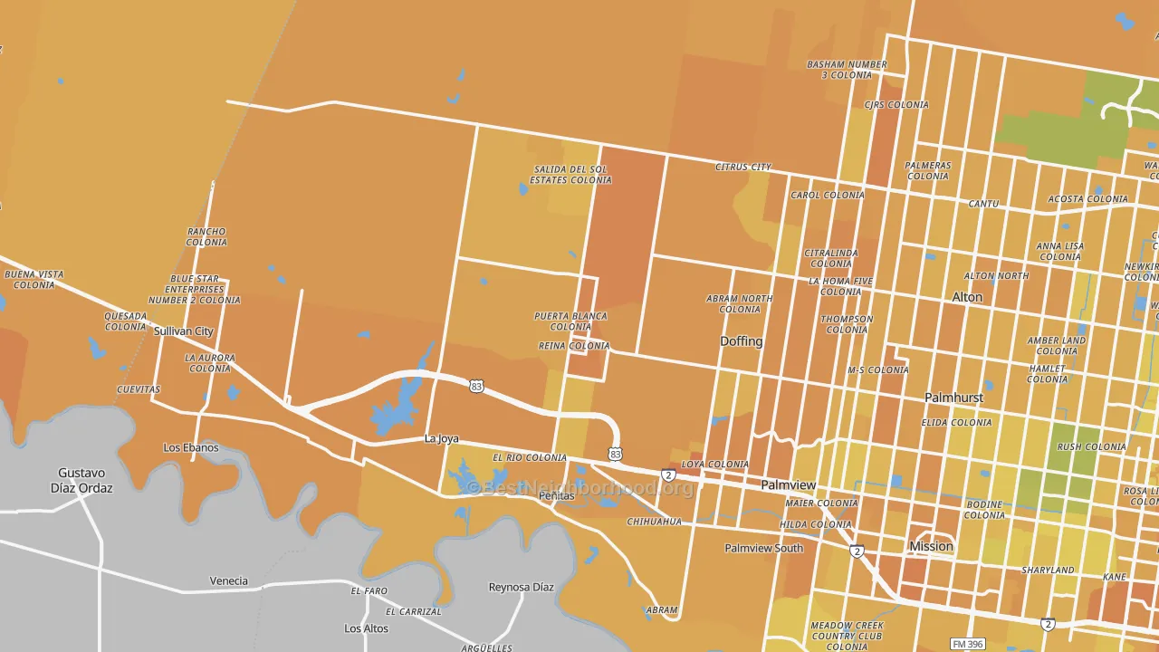 Map of the best neighborhoods in the Penitas area, with better matches in green and worse matches in red