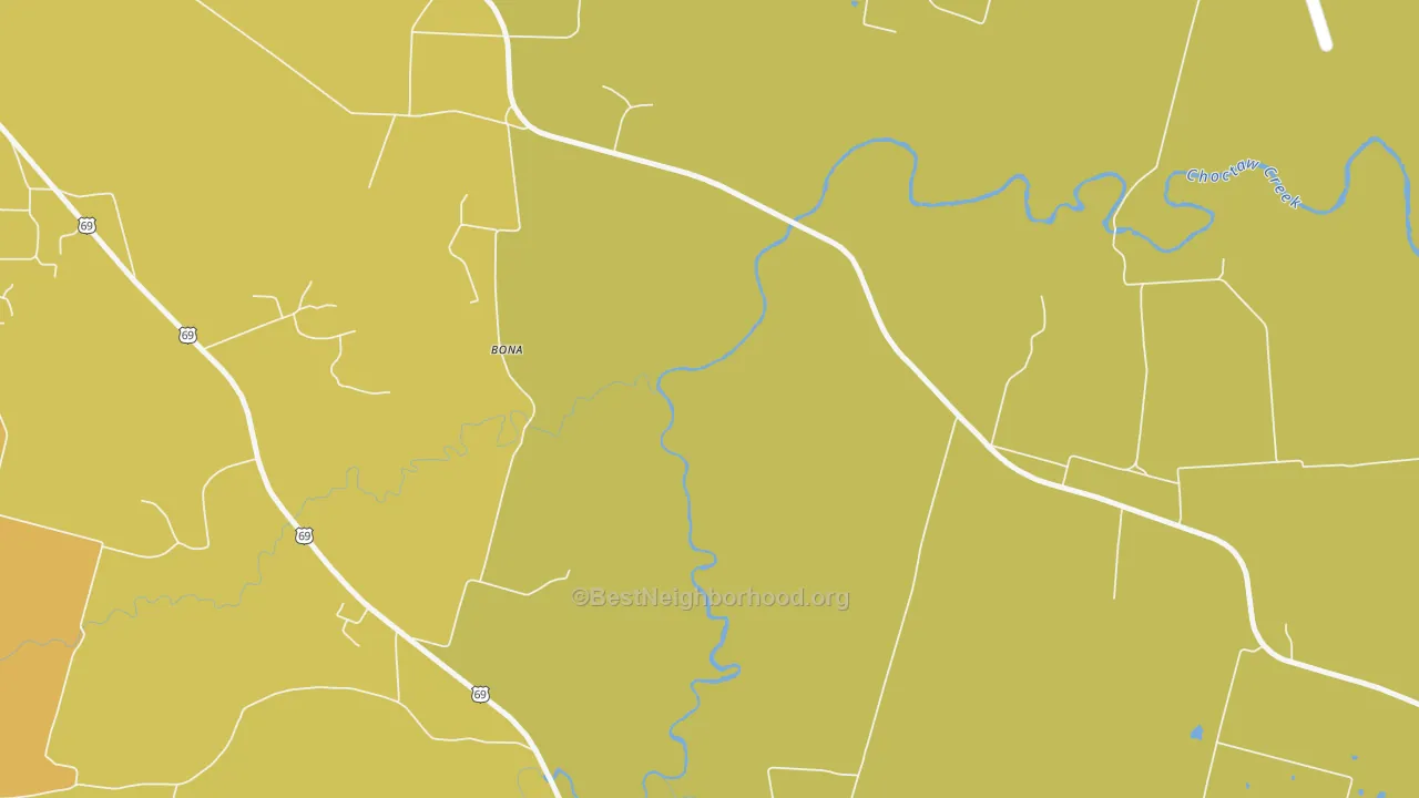 Map of the best neighborhoods in the Penland area, with better matches in green and worse matches in red