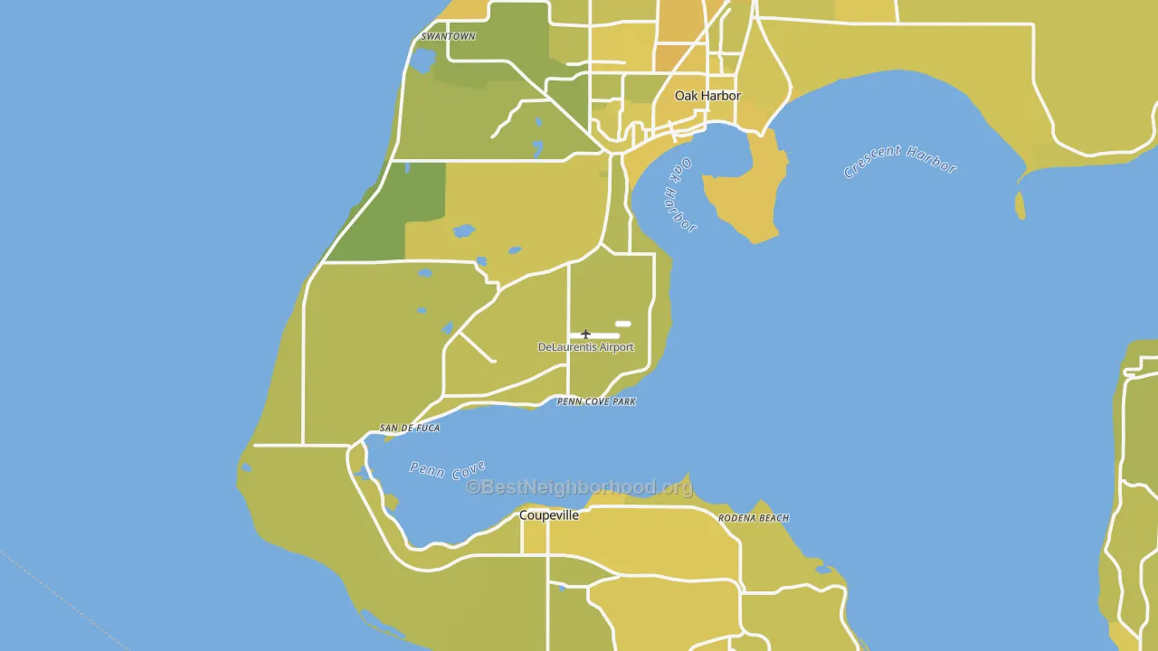 Map of the best neighborhoods in the Penn Cove Park area, with better matches in green and worse matches in red