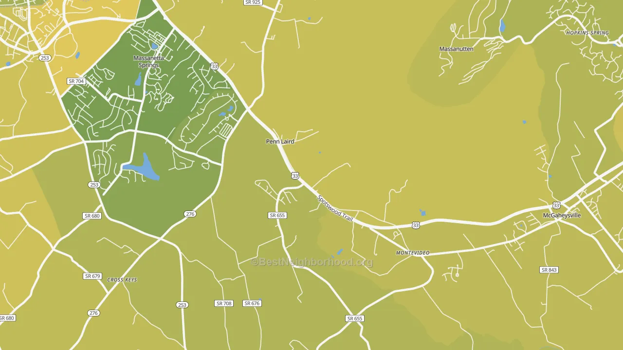 Map of the best neighborhoods in the Penn Laird area, with better matches in green and worse matches in red