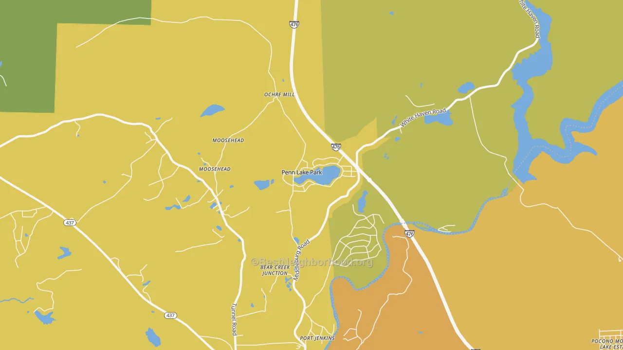 Map of the best neighborhoods in the Penn Lake Park area, with better matches in green and worse matches in red