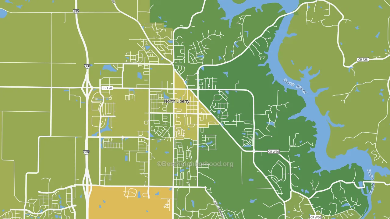 Map of the best neighborhoods in the Penn, North Liberty area, with better matches in green and worse matches in red