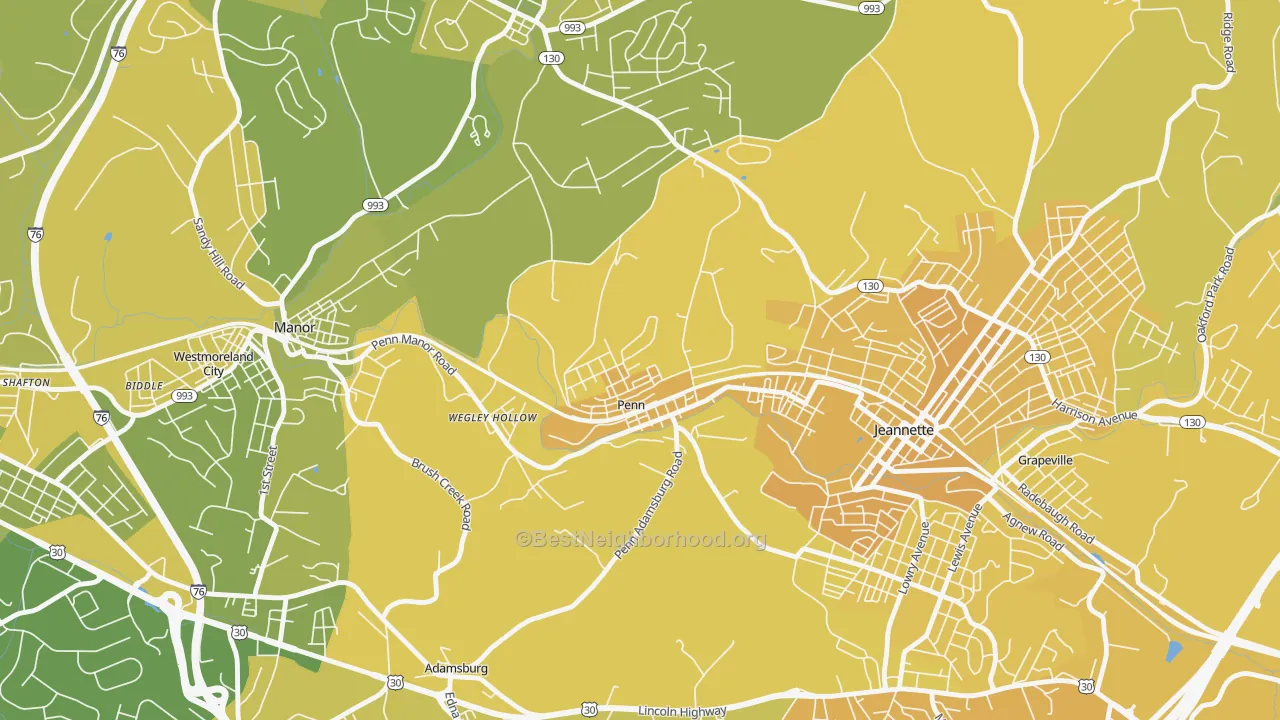 Map of the best neighborhoods in the Penn area, with better matches in green and worse matches in red