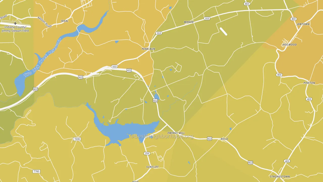 Map of the best neighborhoods in the Penn Run area, with better matches in green and worse matches in red