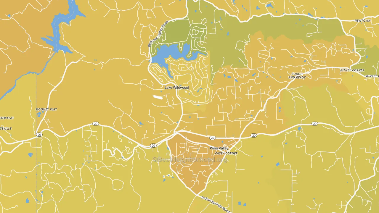 Map of the best neighborhoods in the Penn Valley area, with better matches in green and worse matches in red