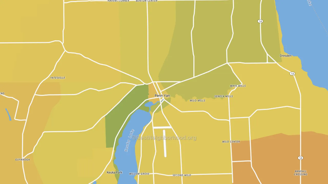 Map of the best neighborhoods in the Penn Yan area, with better matches in green and worse matches in red