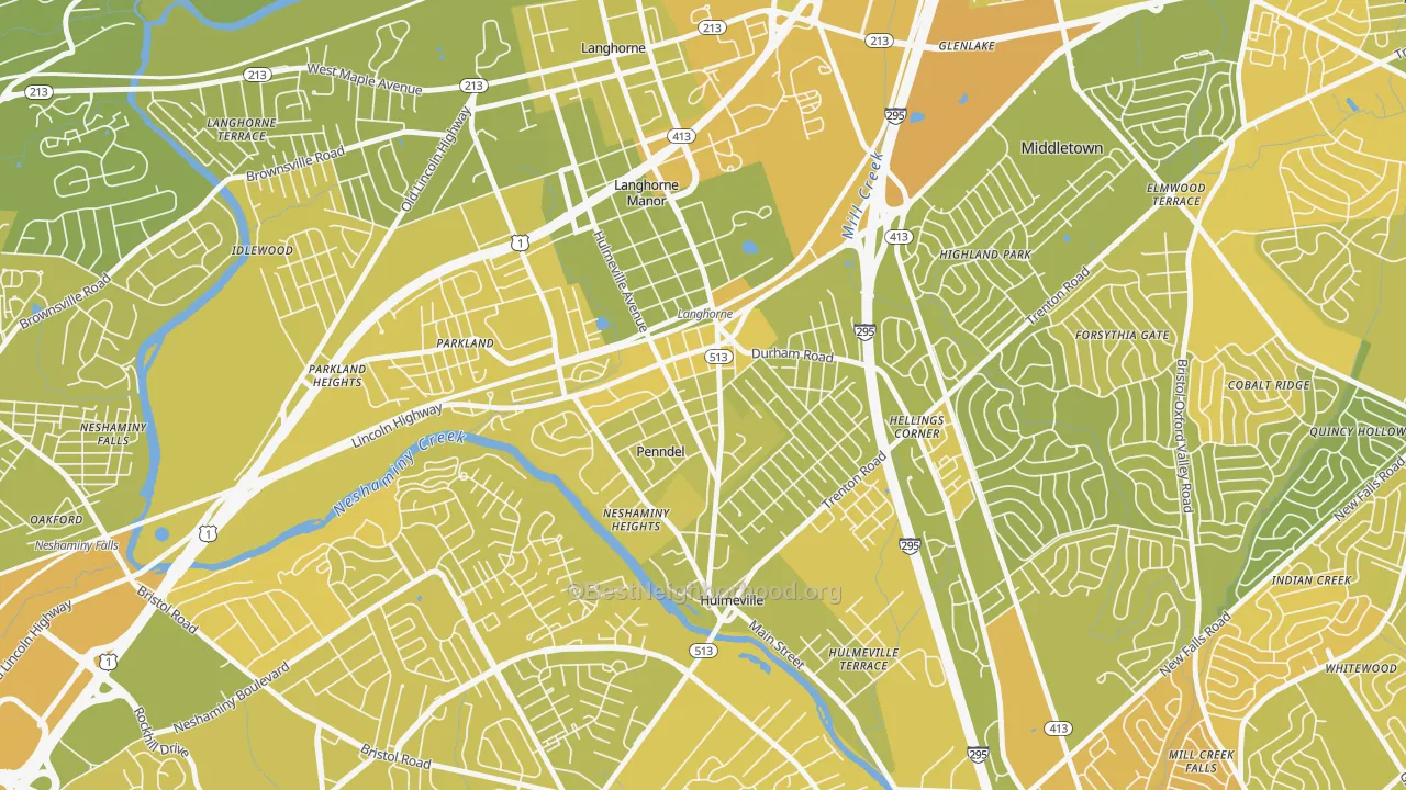 Map of the best neighborhoods in the Penndel area, with better matches in green and worse matches in red
