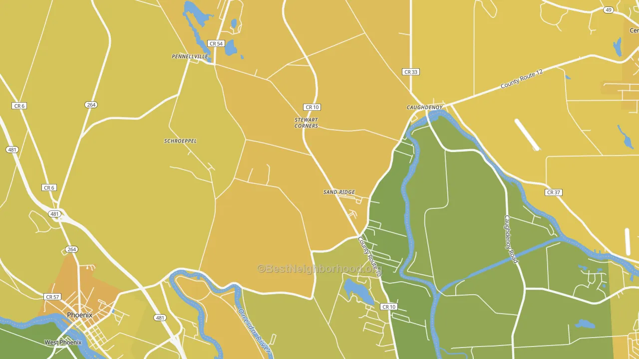 Map of the best neighborhoods in the Pennellville area, with better matches in green and worse matches in red