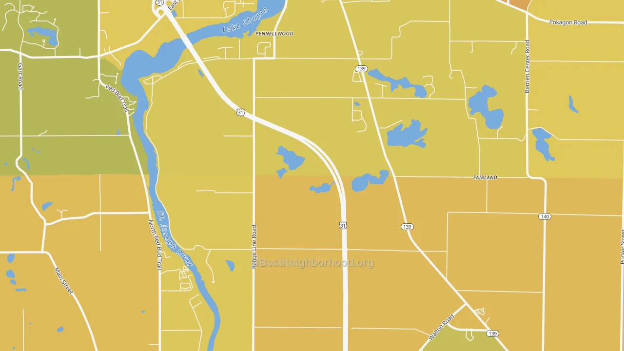 Map of the best neighborhoods in the Pennellwood area, with better matches in green and worse matches in red