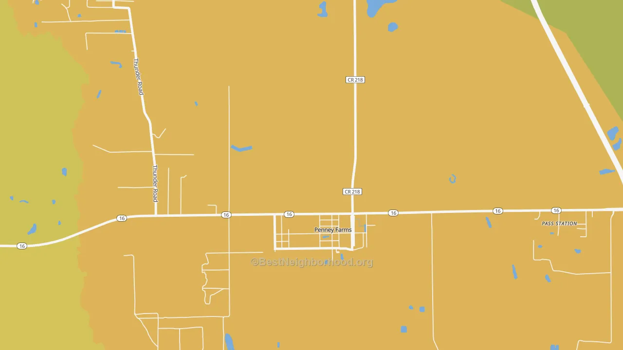 Map of the best neighborhoods in the Penney Farms area, with better matches in green and worse matches in red