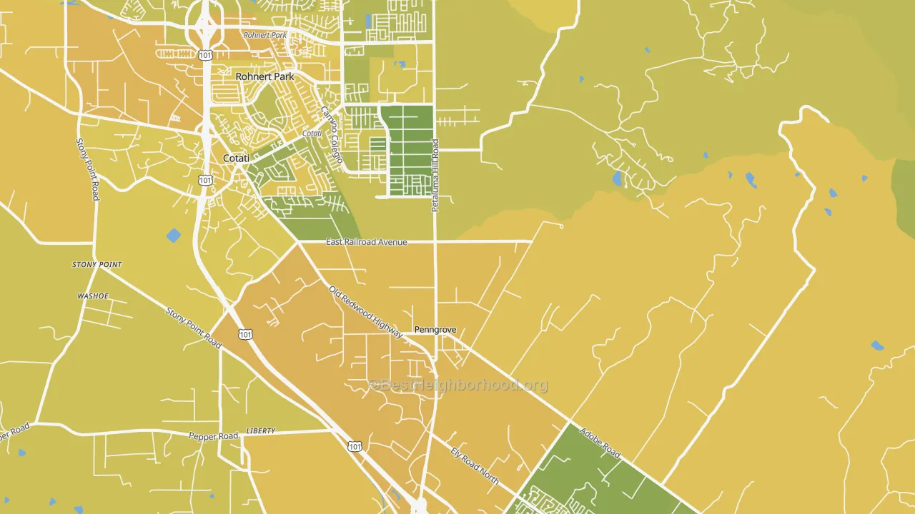 Map of the best neighborhoods in the Penngrove area, with better matches in green and worse matches in red