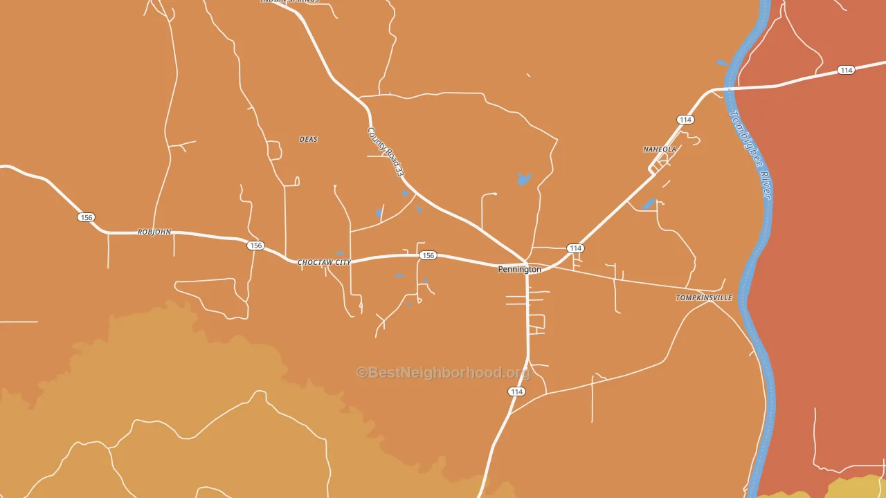 Map of the best neighborhoods in the Pennington area, with better matches in green and worse matches in red