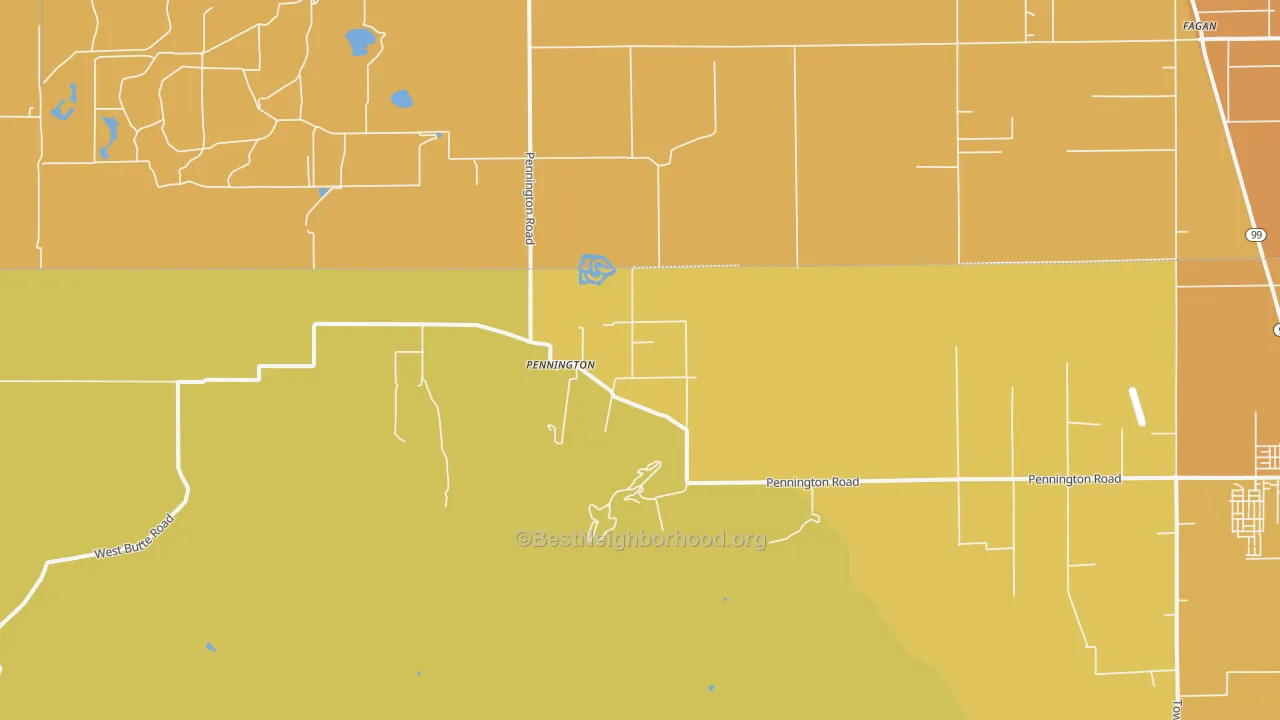 Map of the best neighborhoods in the Pennington area, with better matches in green and worse matches in red