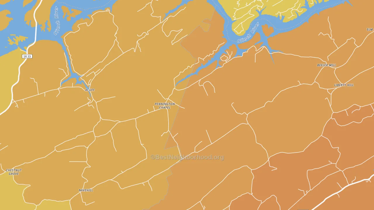 Map of the best neighborhoods in the Pennington Chapel area, with better matches in green and worse matches in red