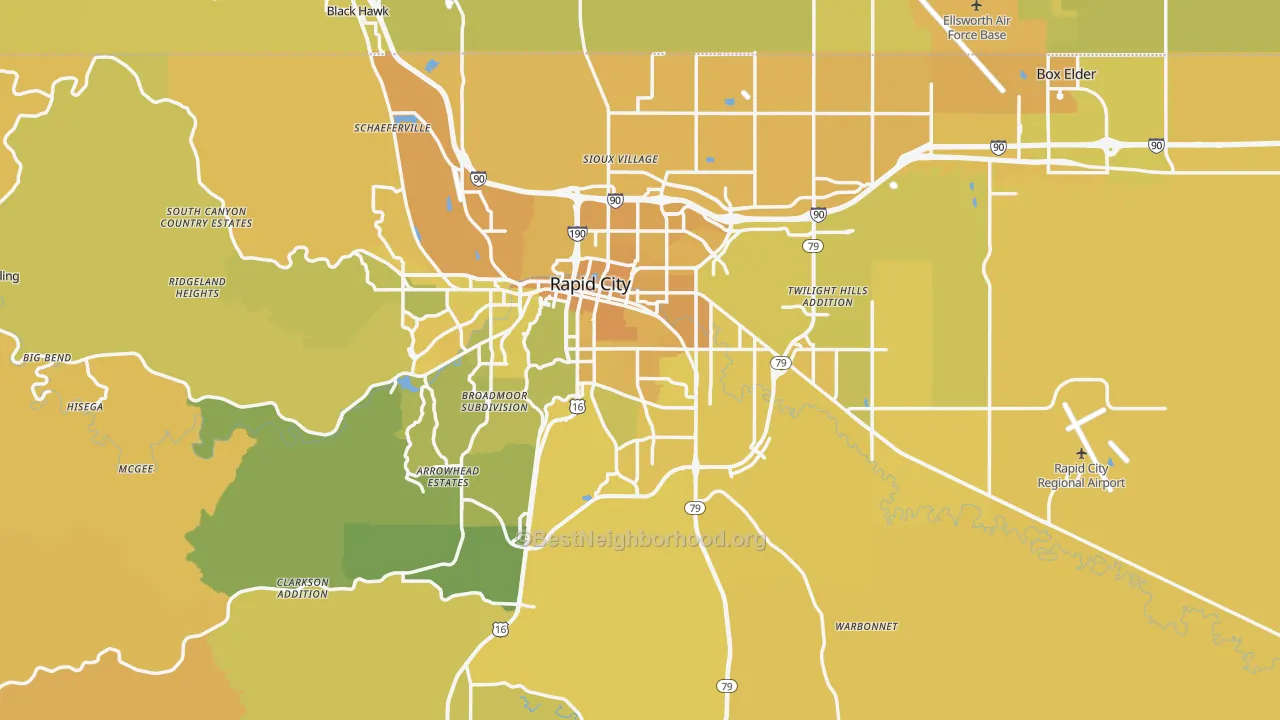 Map of the best neighborhoods in the Pennington County area, with better matches in green and worse matches in red