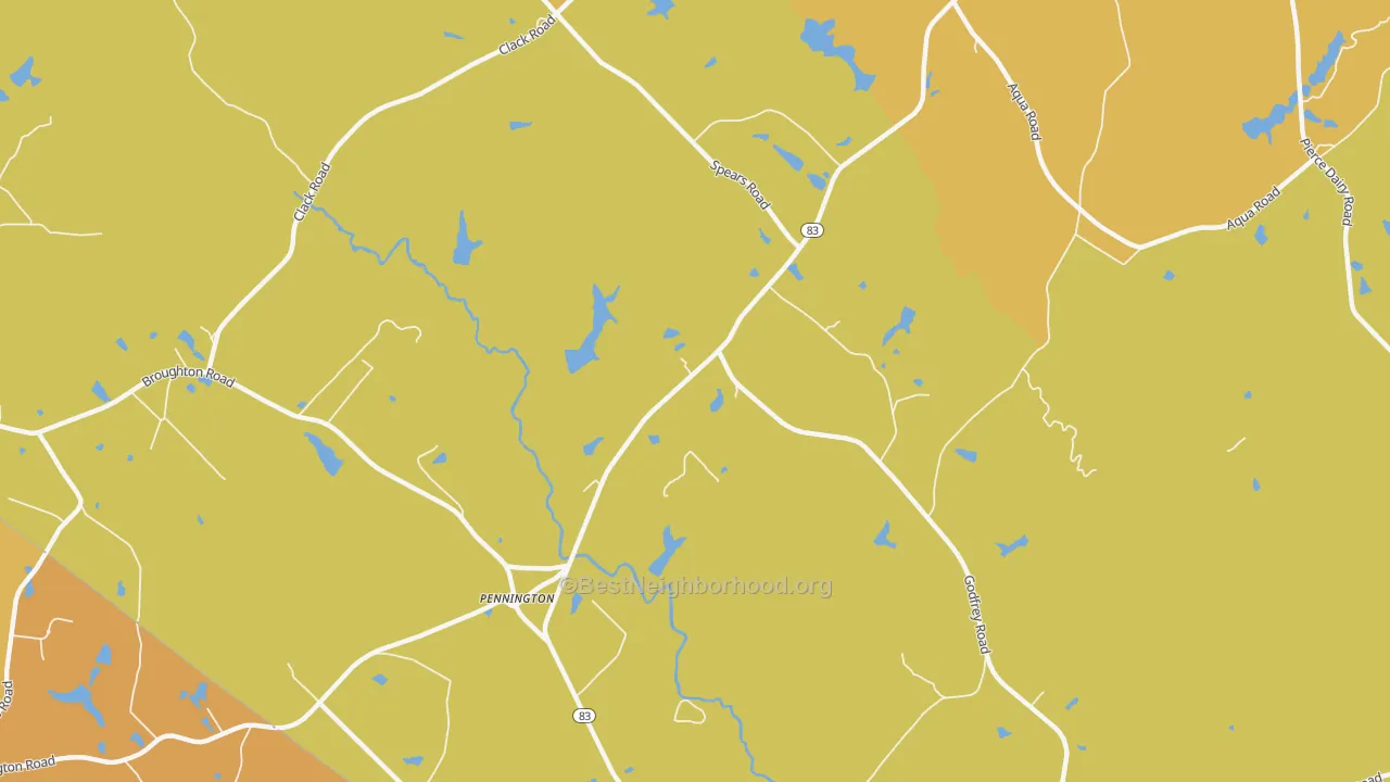 Map of the best neighborhoods in the Pennington area, with better matches in green and worse matches in red