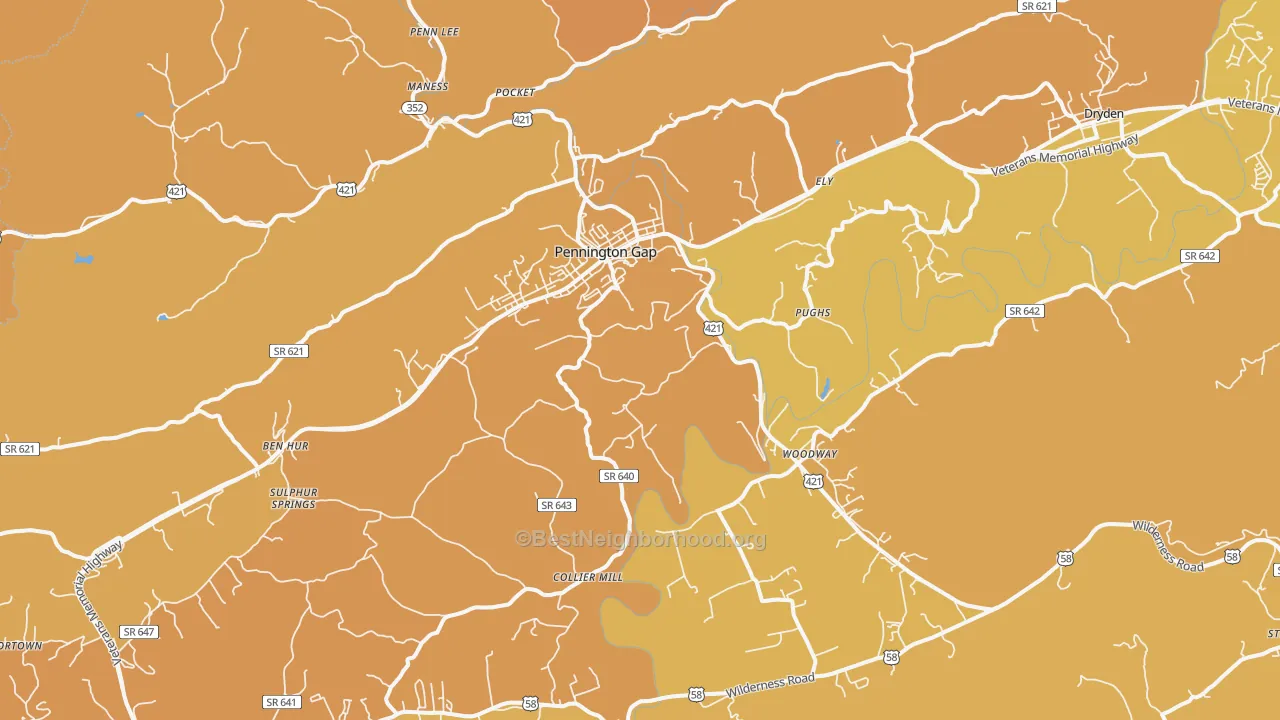 Map of the best neighborhoods in the Pennington Gap area, with better matches in green and worse matches in red