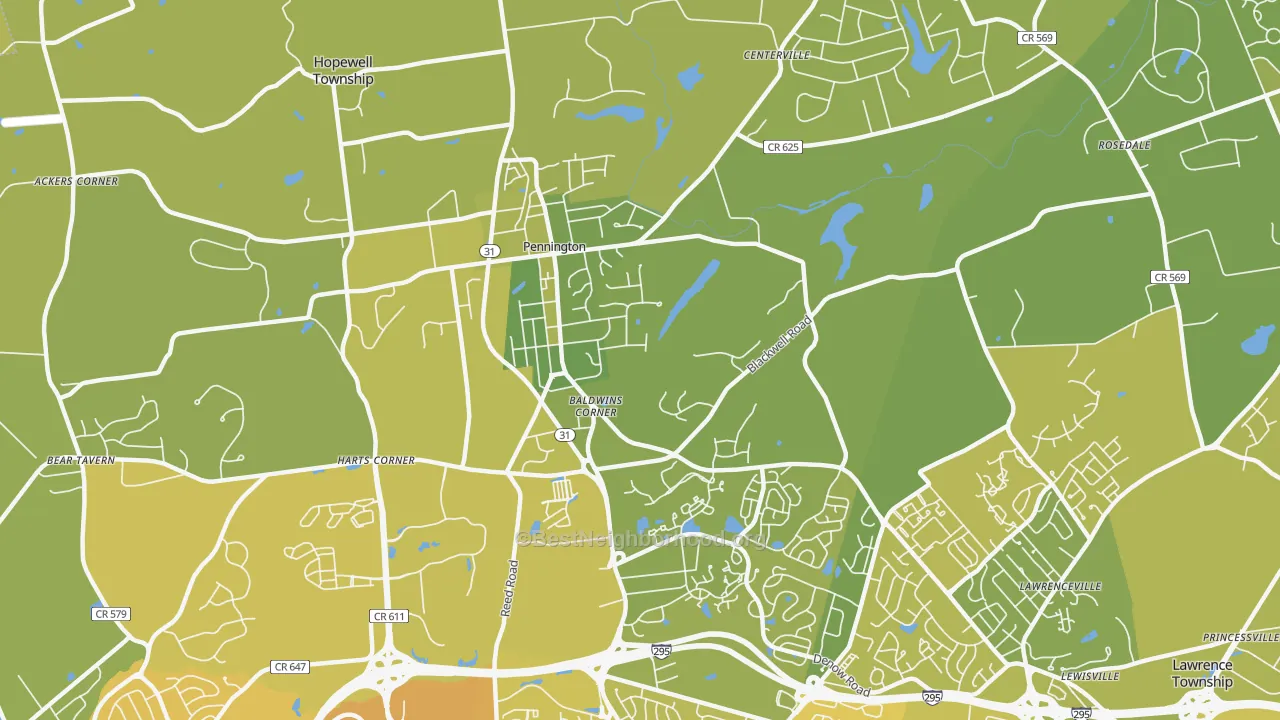 Map of the best neighborhoods in the Pennington area, with better matches in green and worse matches in red
