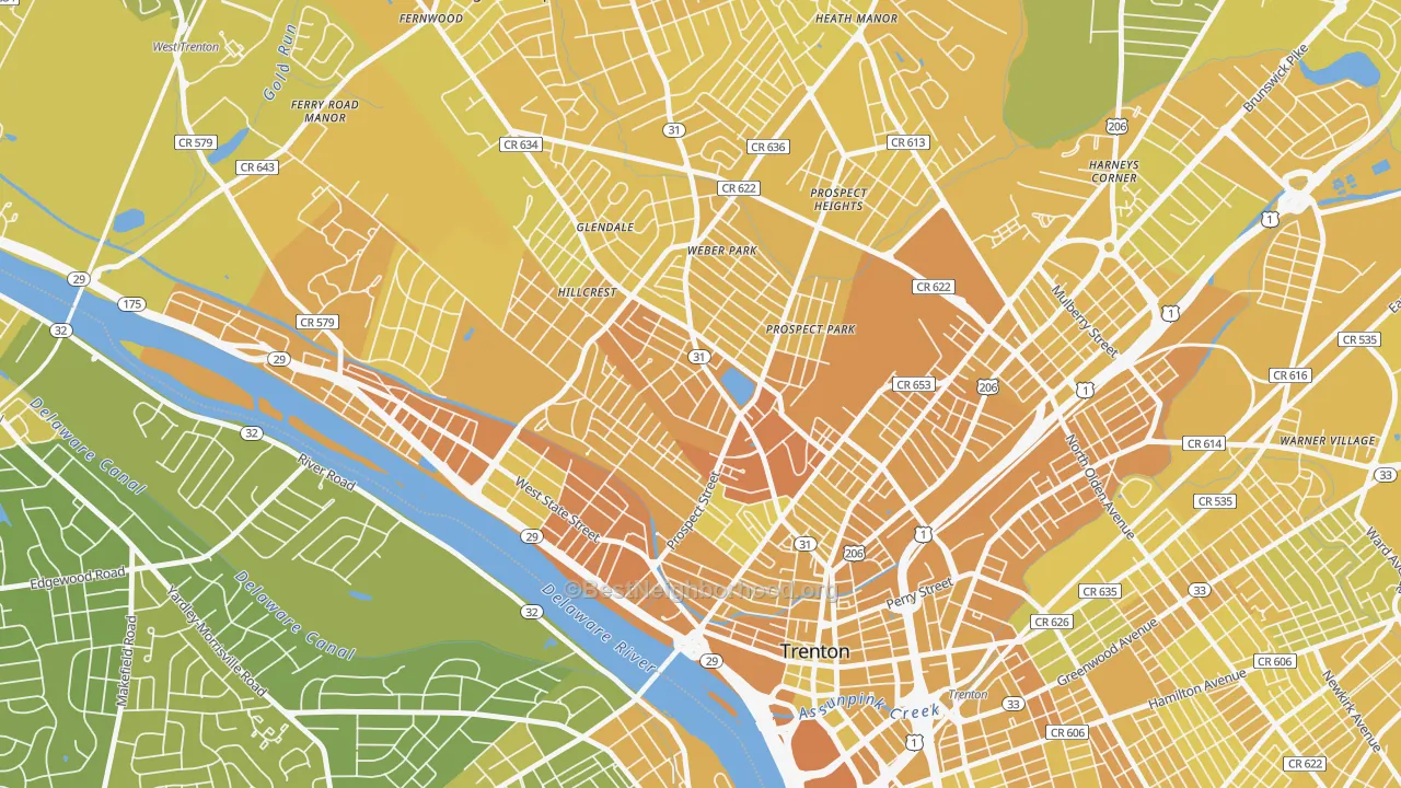 Map of the best neighborhoods in the Pennington-Prospect, Trenton area, with better matches in green and worse matches in red