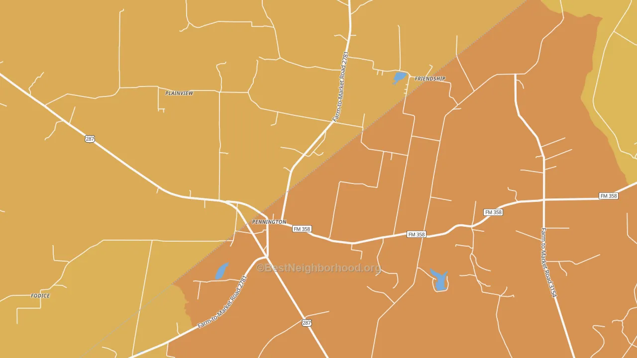 Map of the best neighborhoods in the Pennington area, with better matches in green and worse matches in red