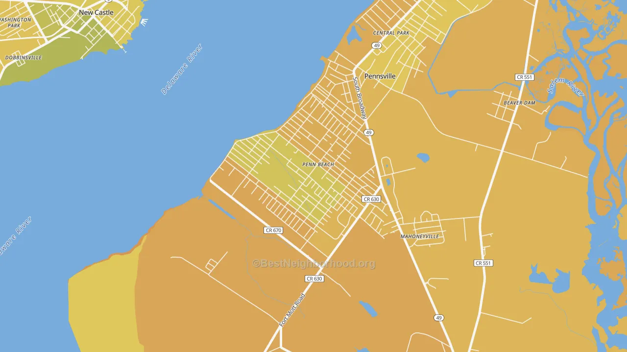 Map of the best neighborhoods in the Penns Beach, Pennsville area, with better matches in green and worse matches in red