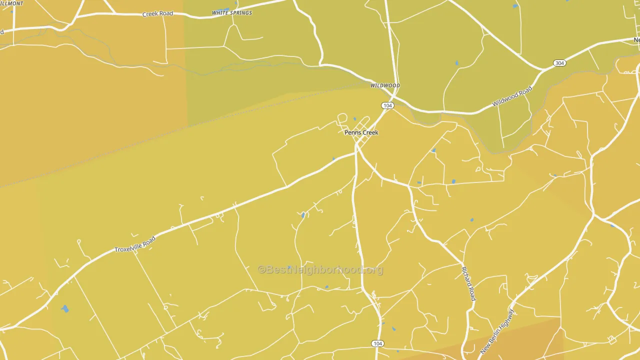 Map of the best neighborhoods in the Penns Creek area, with better matches in green and worse matches in red