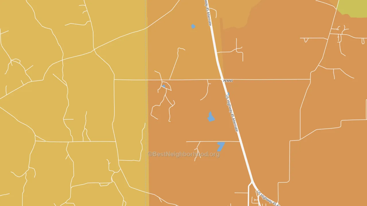 Map of the best neighborhoods in the Penns area, with better matches in green and worse matches in red