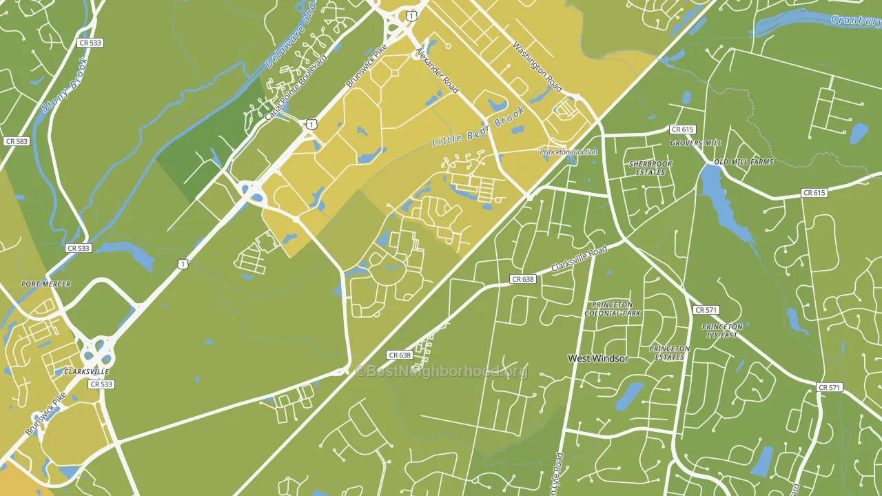 Map of the best neighborhoods in the Penns Neck area, with better matches in green and worse matches in red
