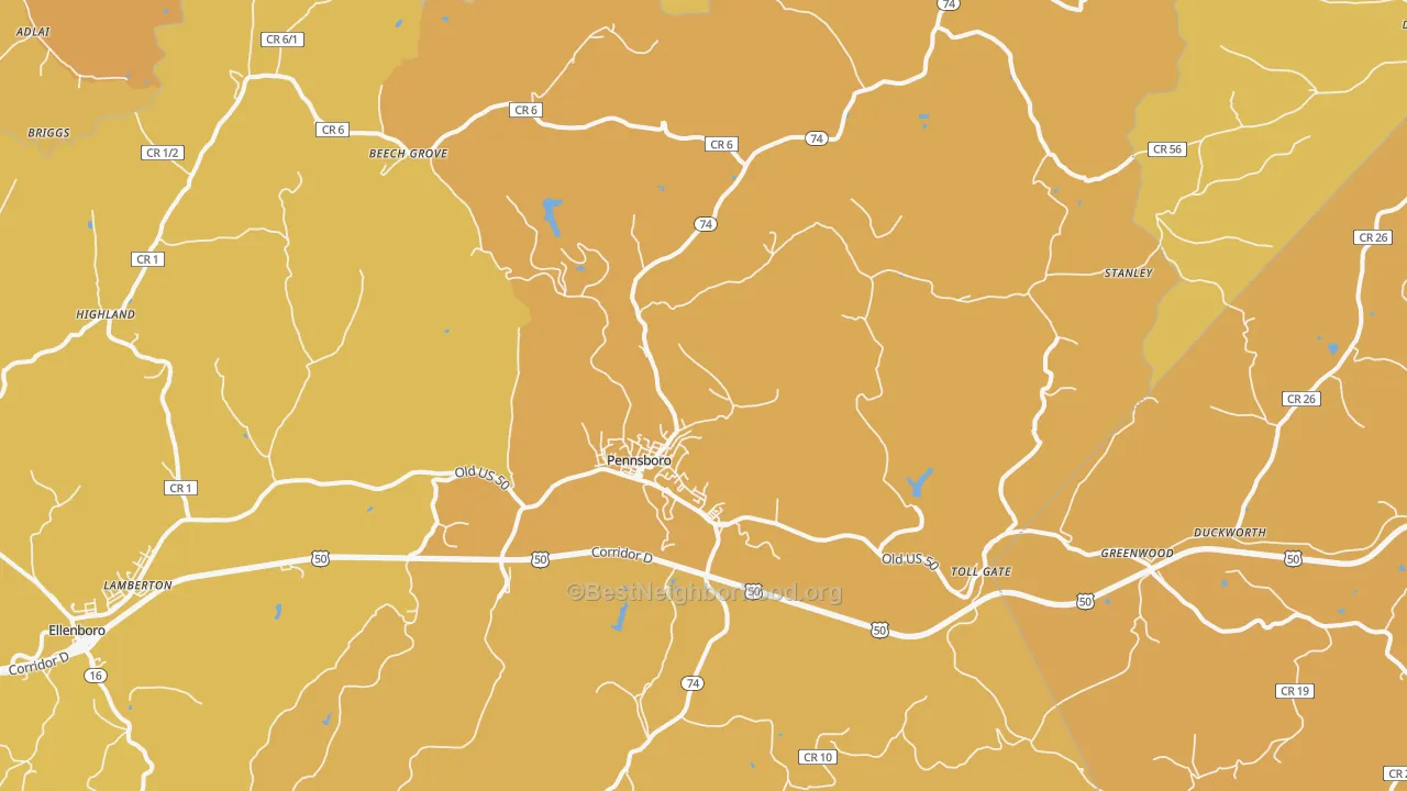 Map of the best neighborhoods in the Pennsboro area, with better matches in green and worse matches in red