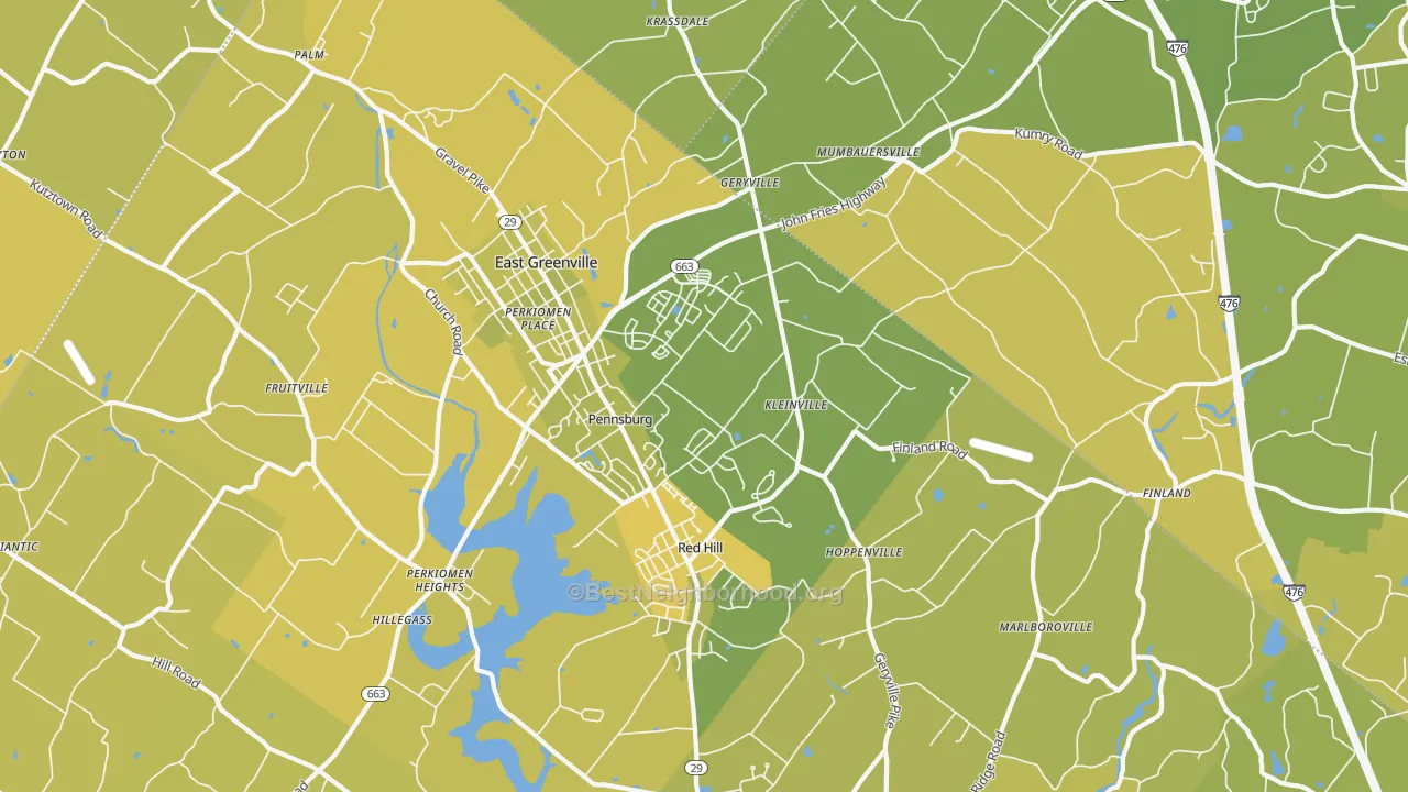 Map of the best neighborhoods in the Pennsburg area, with better matches in green and worse matches in red