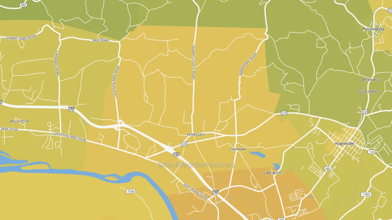 Map of the best neighborhoods in the Pennsdale area, with better matches in green and worse matches in red