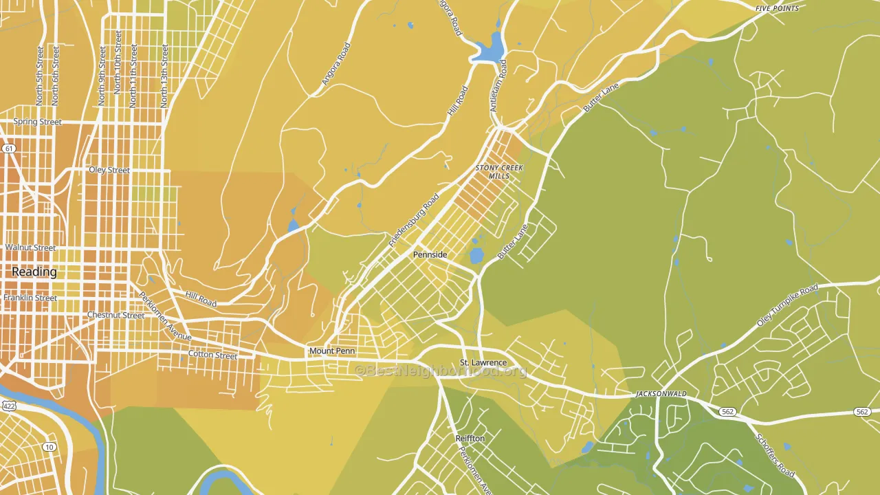 Map of the best neighborhoods in the Pennside area, with better matches in green and worse matches in red