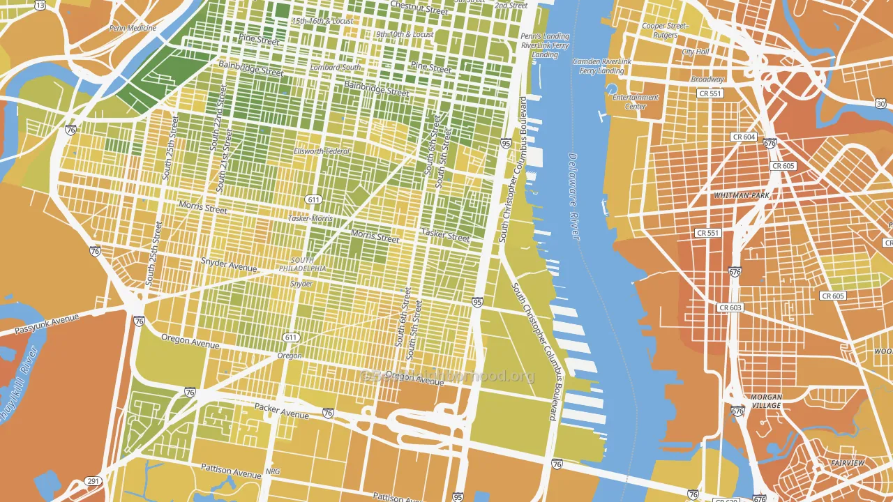Map of the best neighborhoods in the Pennsport-Whitman-Queen, Philadelphia area, with better matches in green and worse matches in red