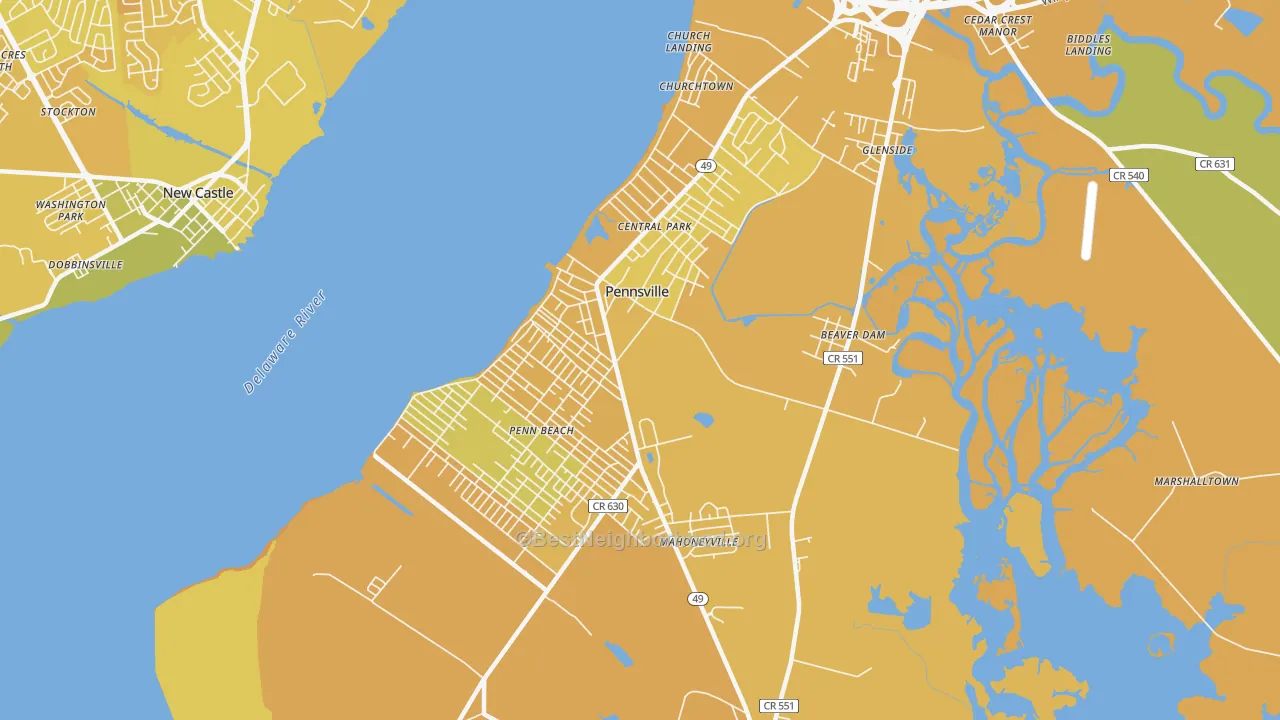Map of the best neighborhoods in the Pennsville area, with better matches in green and worse matches in red