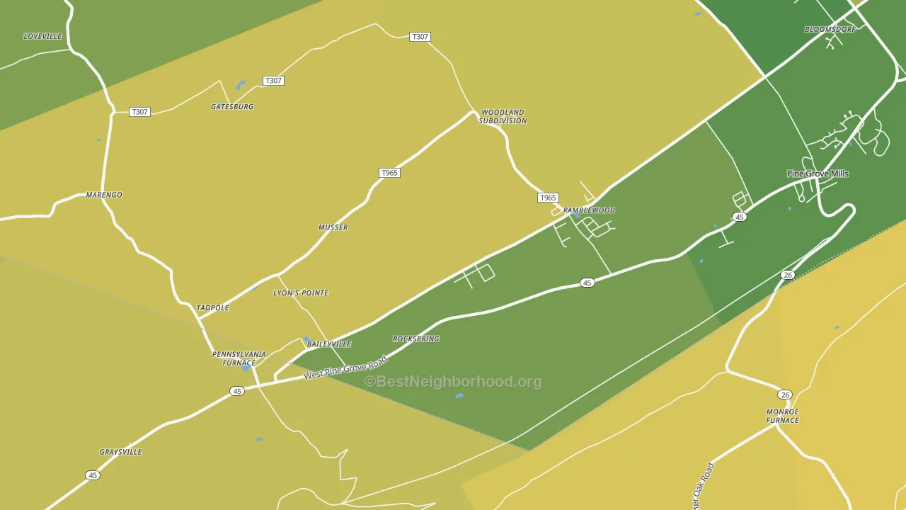 Map of the best neighborhoods in the Pennsylvania Furnace area, with better matches in green and worse matches in red