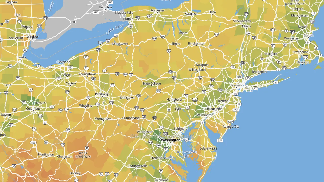 Map of the best neighborhoods in the Pennsylvania area, with better matches in green and worse matches in red