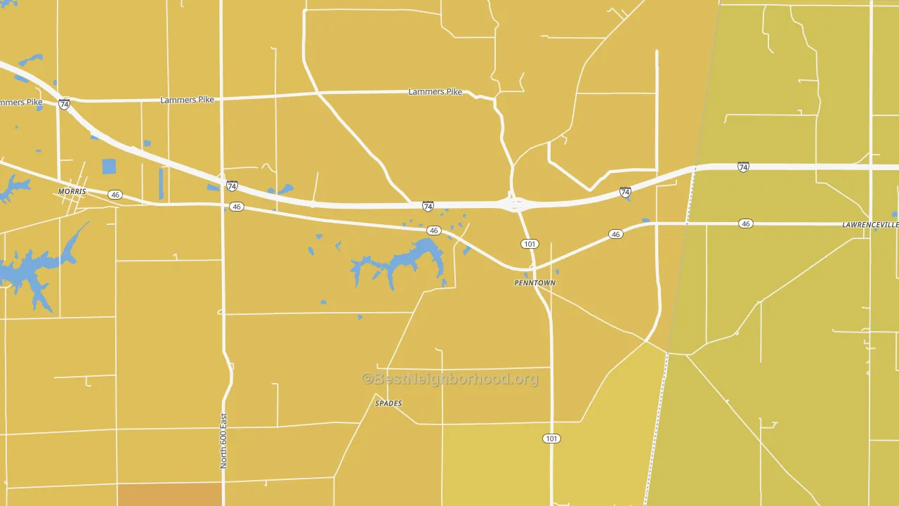 Map of the best neighborhoods in the Penntown area, with better matches in green and worse matches in red