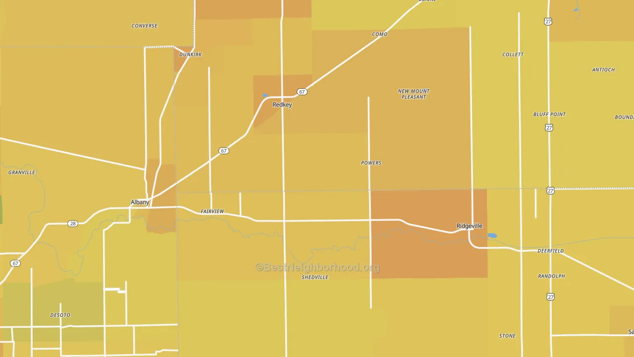 Map of the best neighborhoods in the Pennville area, with better matches in green and worse matches in red