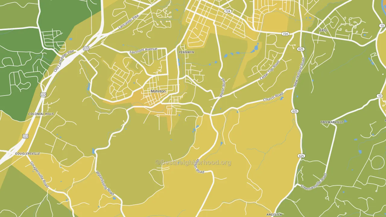 Map of the best neighborhoods in the Pennwyn area, with better matches in green and worse matches in red