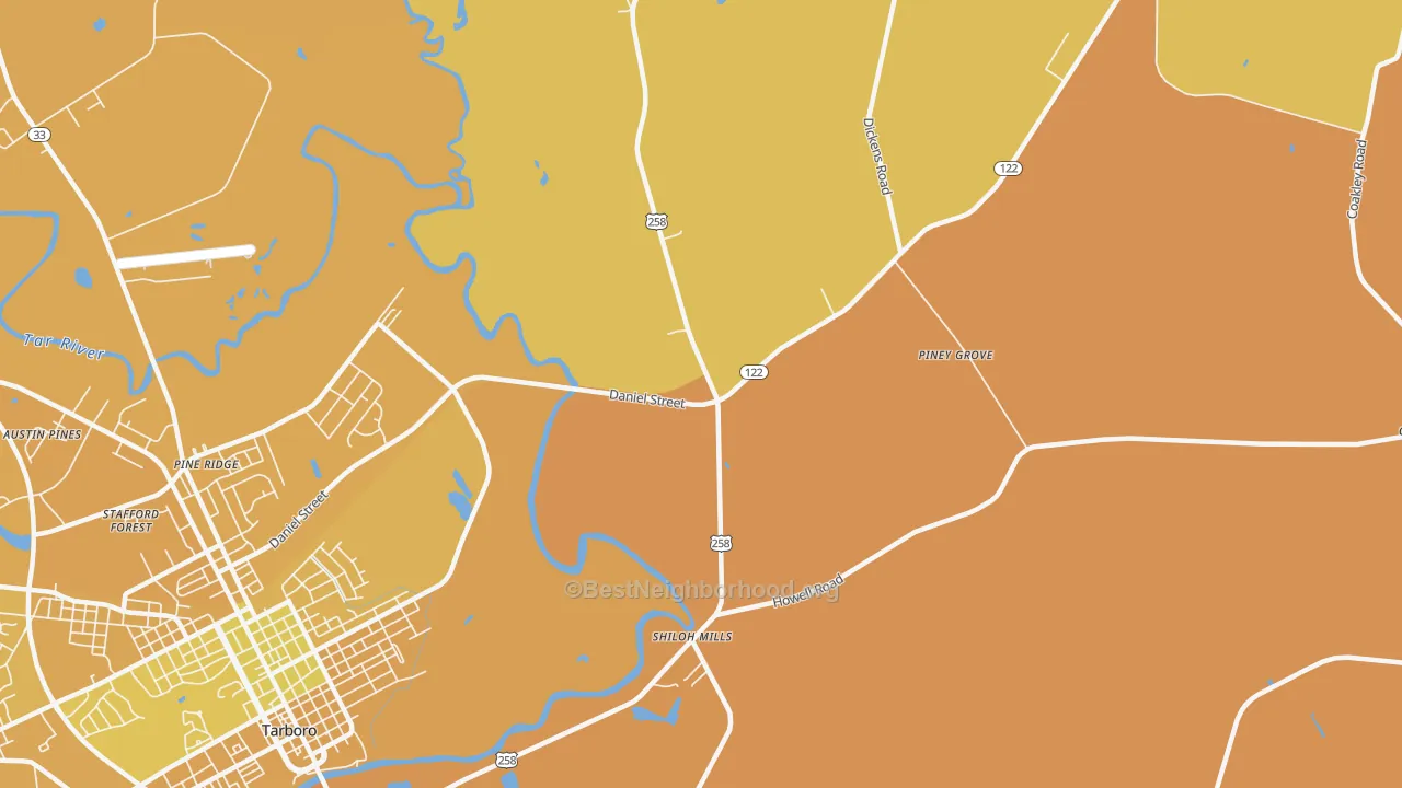 Map of the best neighborhoods in the Penny Hill area, with better matches in green and worse matches in red