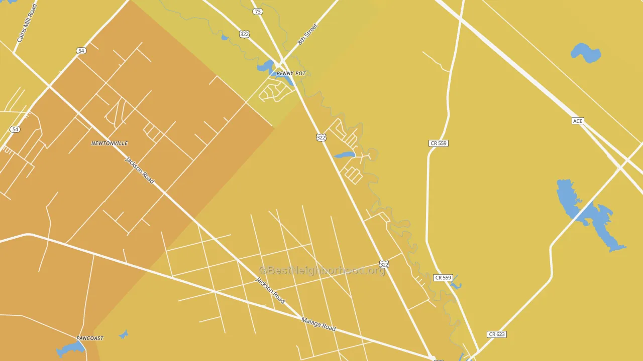 Map of the best neighborhoods in the Penny Pot area, with better matches in green and worse matches in red