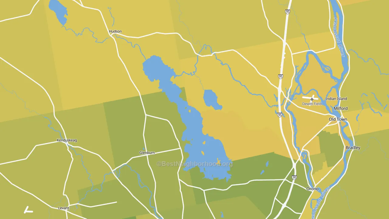 Map of the best neighborhoods in the Penobscot County area, with better matches in green and worse matches in red