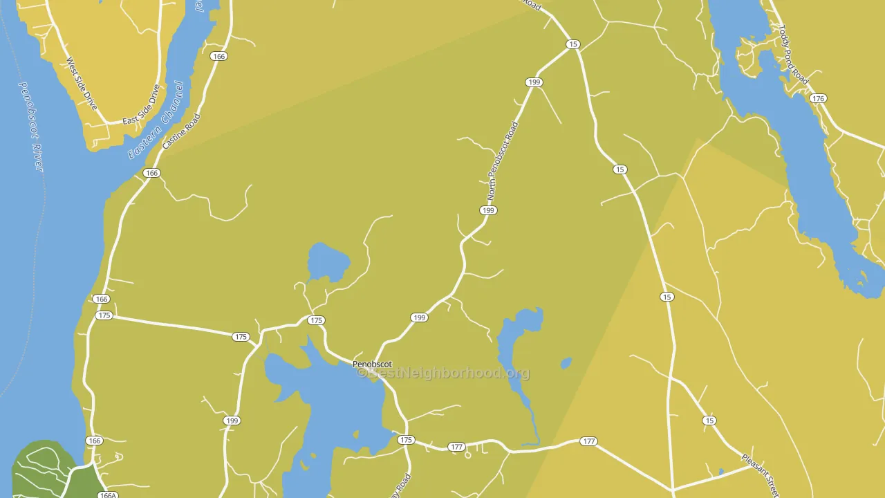 Map of the best neighborhoods in the Penobscot area, with better matches in green and worse matches in red