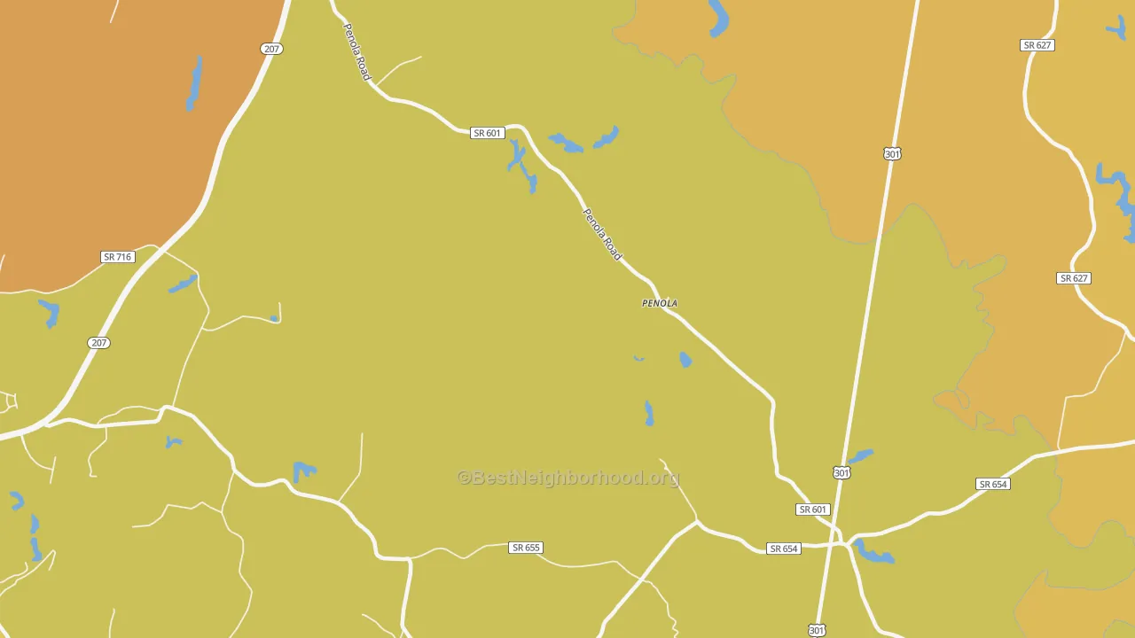 Map of the best neighborhoods in the Penola area, with better matches in green and worse matches in red