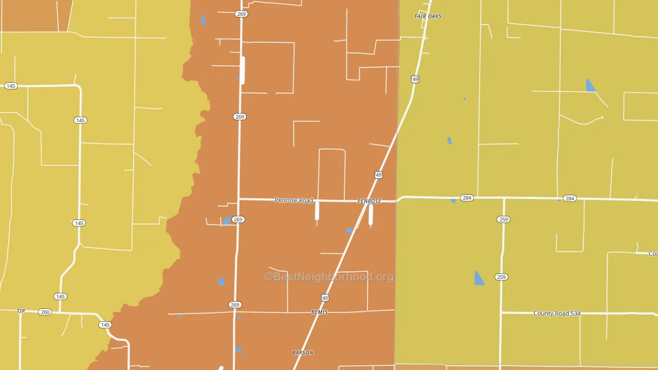 Map of the best neighborhoods in the Penrose area, with better matches in green and worse matches in red