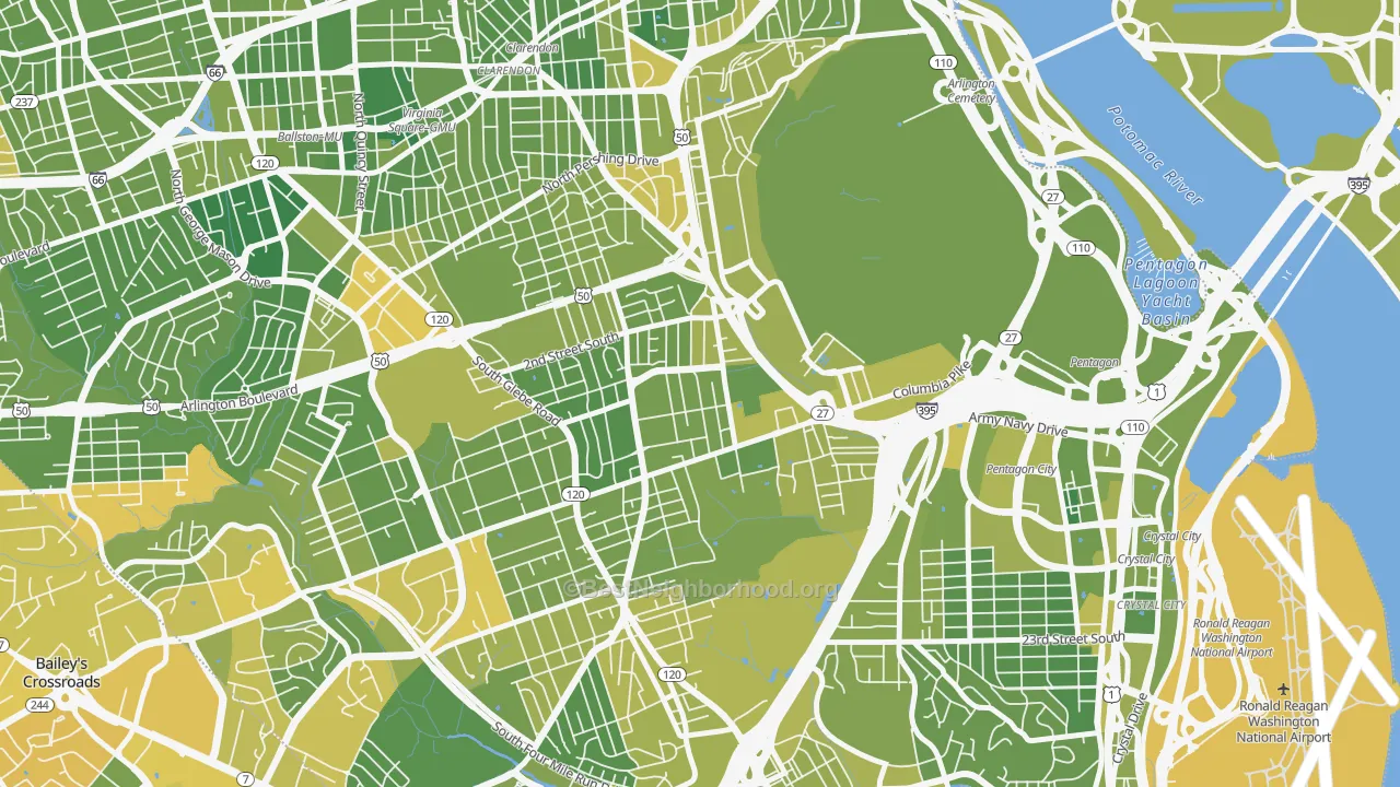 Map of the best neighborhoods in the Penrose, Arlington area, with better matches in green and worse matches in red