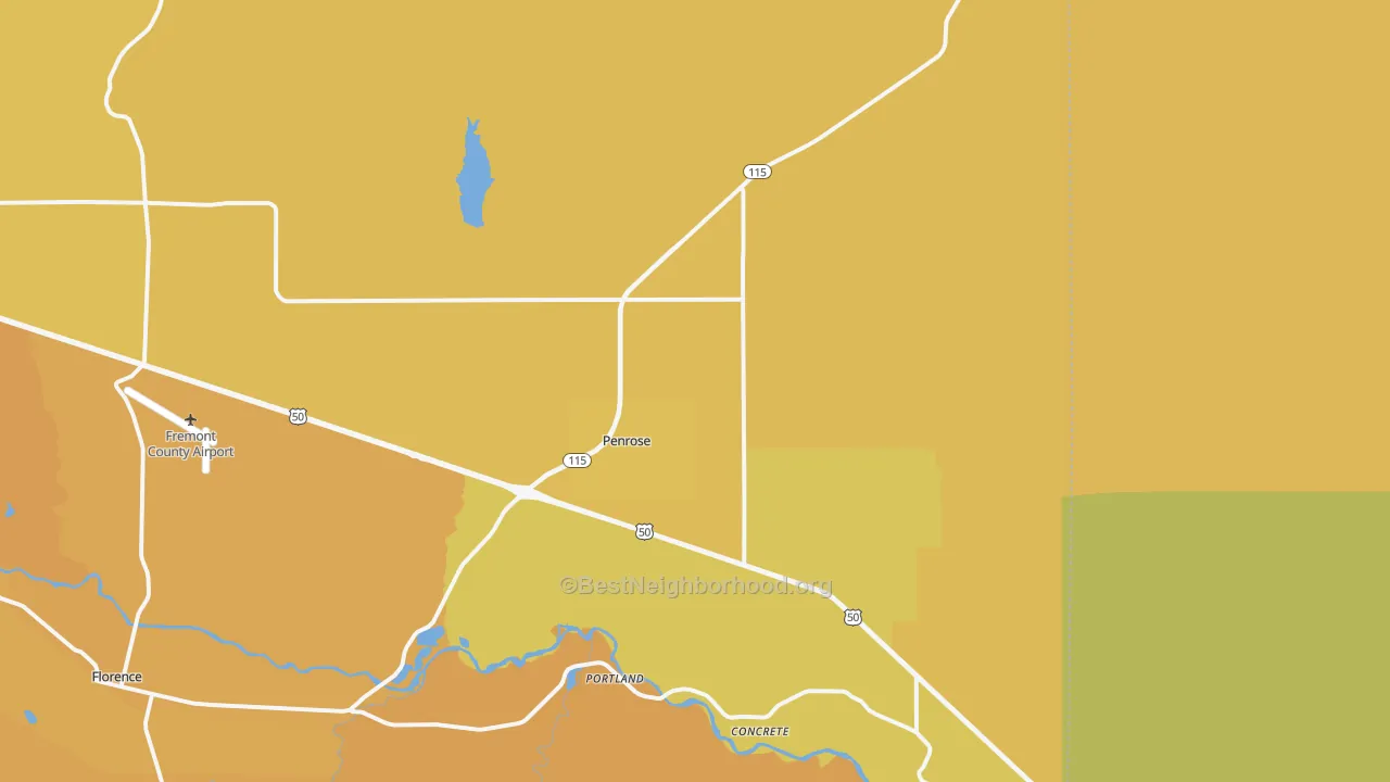 Map of the best neighborhoods in the Penrose area, with better matches in green and worse matches in red