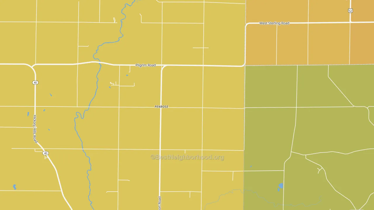 Map of the best neighborhoods in the Penrose area, with better matches in green and worse matches in red