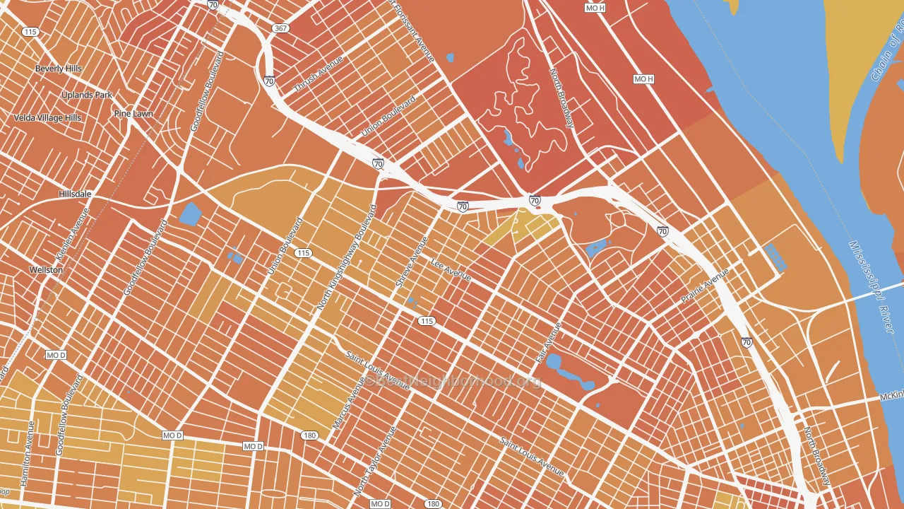 Map of the best neighborhoods in the Penrose, St. Louis area, with better matches in green and worse matches in red